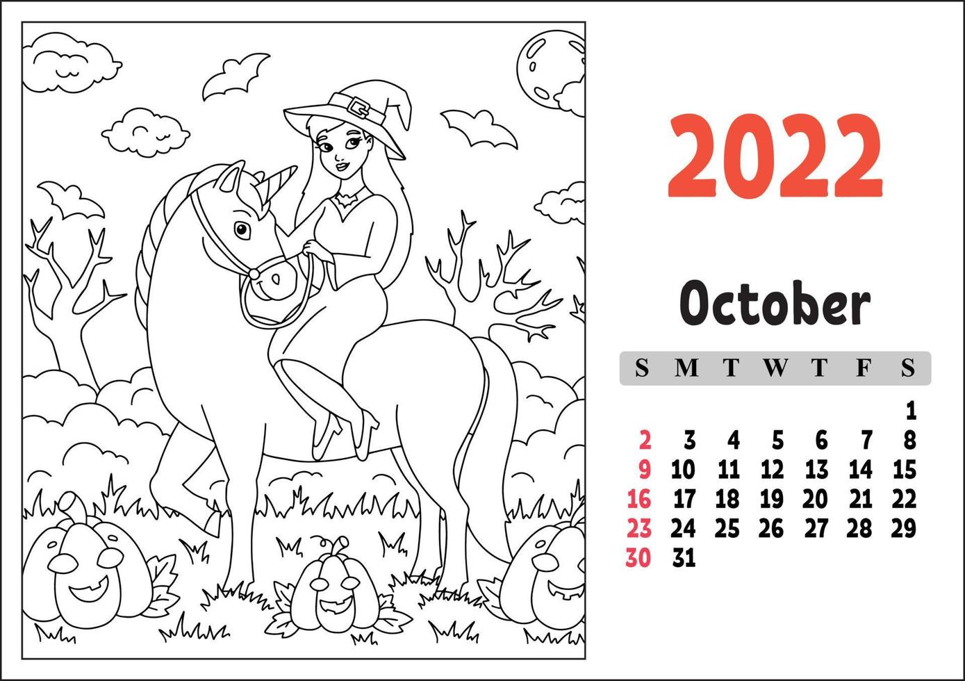 Calendar for 2022 with a cute character. Fairy unicorn. Coloring page. Fun and bright design. Isolated color vector illustration. cartoon style.