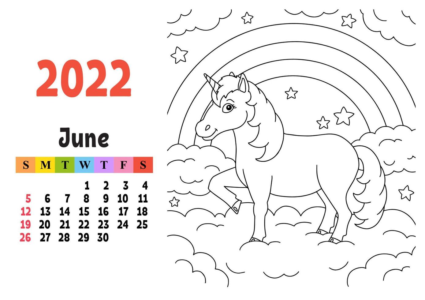 Calendar for 2022 with a cute character. Fairy unicorn. Coloring page. Fun and bright design. Isolated color vector illustration. cartoon style.