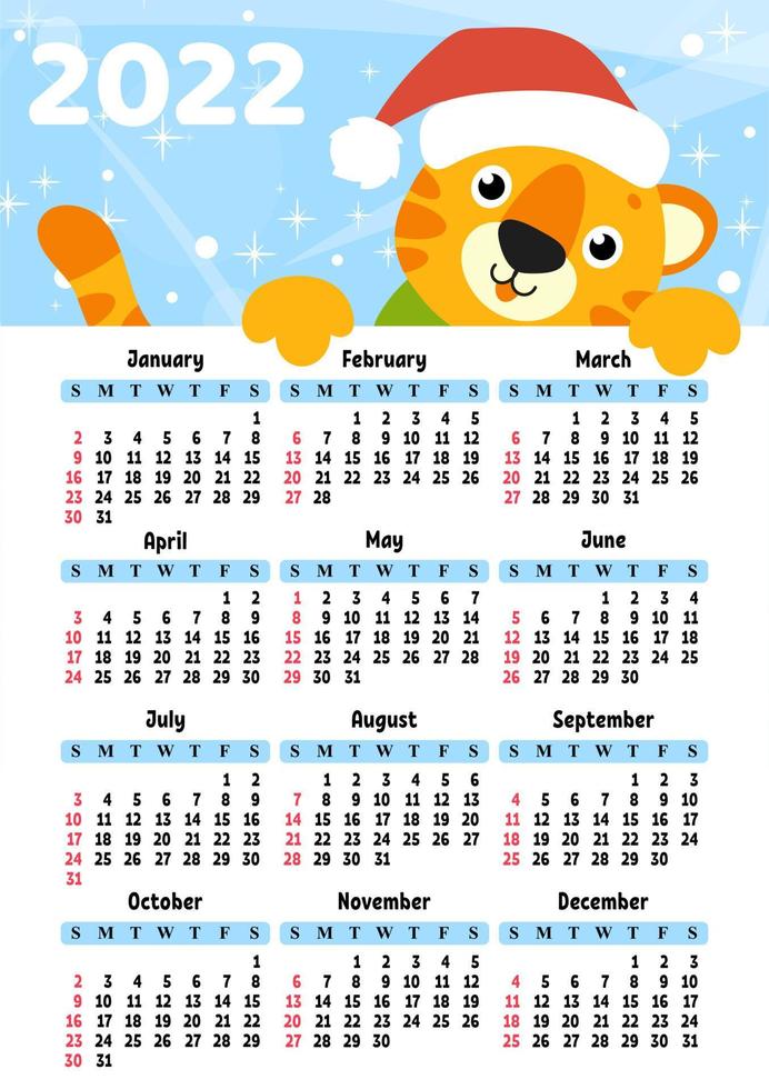 Calendar for 2022 with a cute tiger symbol of the new year. Fun and bright design. Isolated color vector illustration. cartoon style.