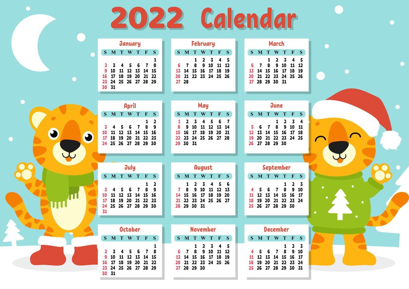 calendario para 2022 con un lindo símbolo de tigre del año nuevo. diseño divertido y brillante. Ilustración de vector de color aislado. estilo de dibujos animados.