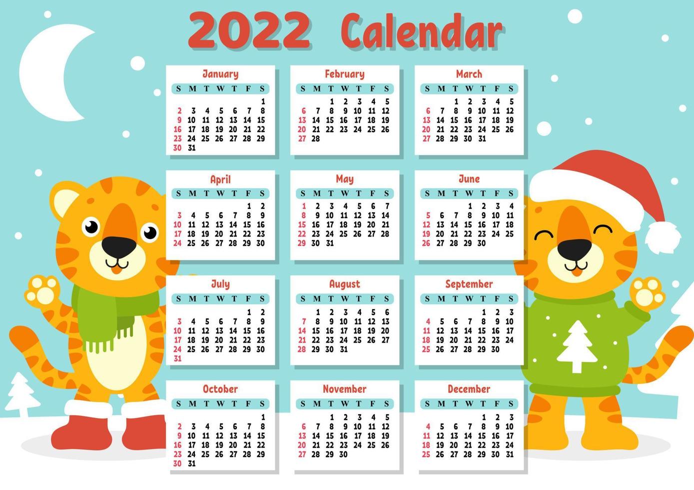 Calendar for 2022 with a cute tiger symbol of the new year. Fun and bright design. Isolated color vector illustration. cartoon style.