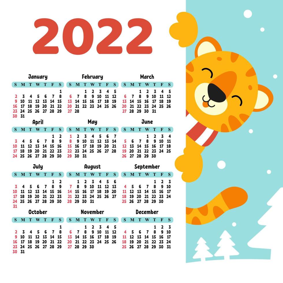 Calendar for 2022 with a cute tiger symbol of the new year. Fun and bright design. Isolated color vector illustration. cartoon style.