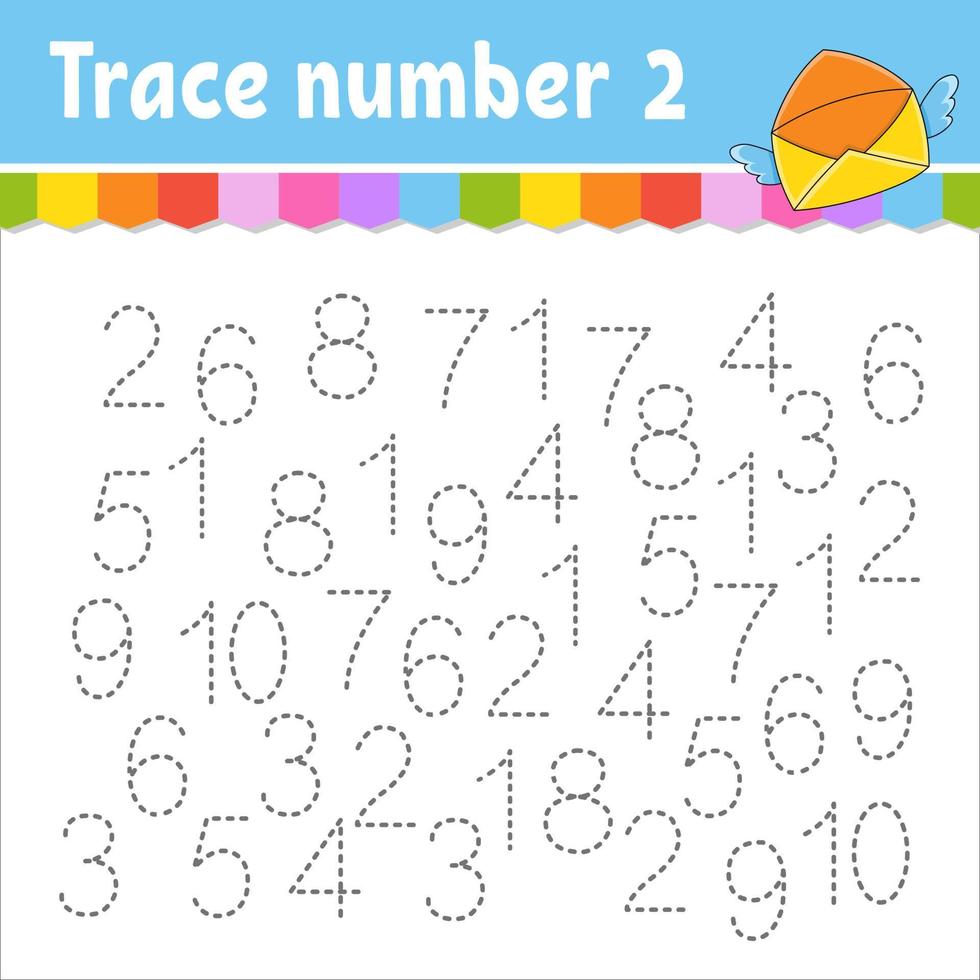 Trace number . Handwriting practice. Learning numbers for kids. Education developing worksheet. Activity page. Game for toddlers and preschoolers. Isolated vector illustration in cute cartoon style.