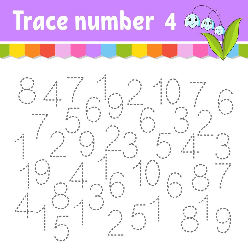 Trace number . Handwriting practice. Learning numbers for kids. Education developing worksheet. Activity page. Game for toddlers and preschoolers. Isolated vector illustration in cute cartoon style.