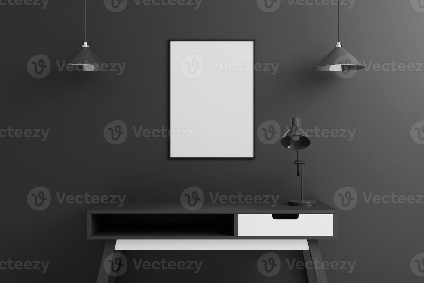 Black vertical poster or photo frame mockup with table in living room interior on empty black wall background. 3D rendering.