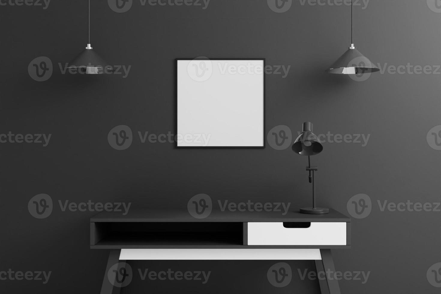 Black square poster or photo frame mockup with table in living room interior on empty black wall background. 3D rendering.