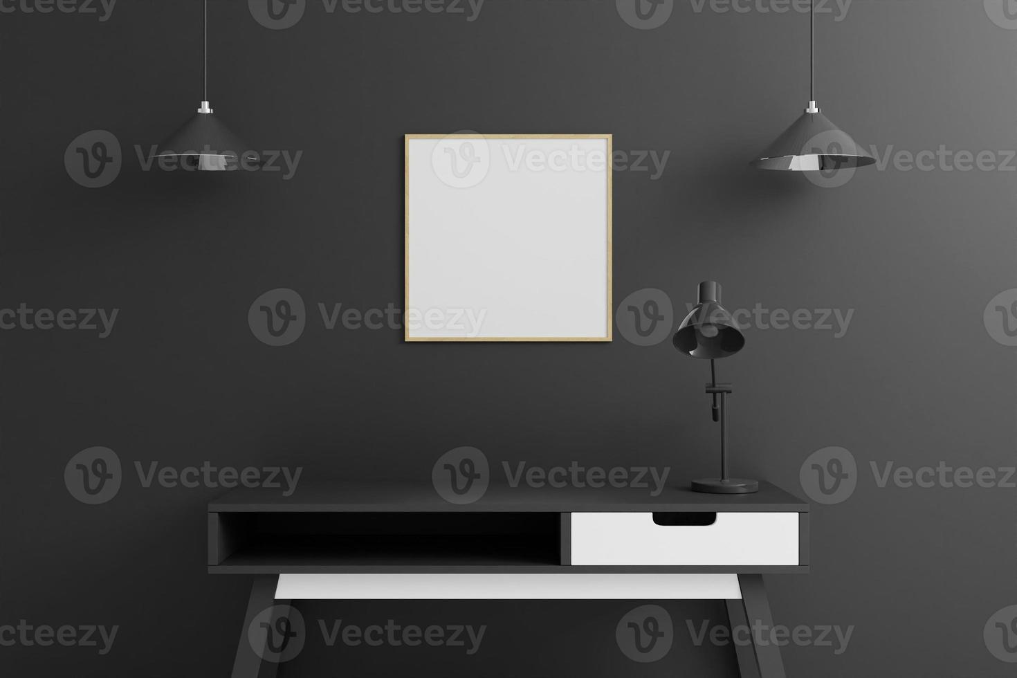 Square wooden poster or photo frame mockup with table in living room interior on empty black wall background. 3D rendering.