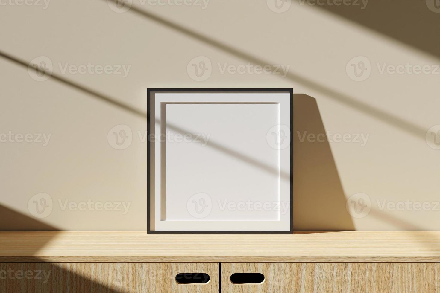 Square black poster or photo frame mockup on table in living room interior with window shadow. 3D rendering.