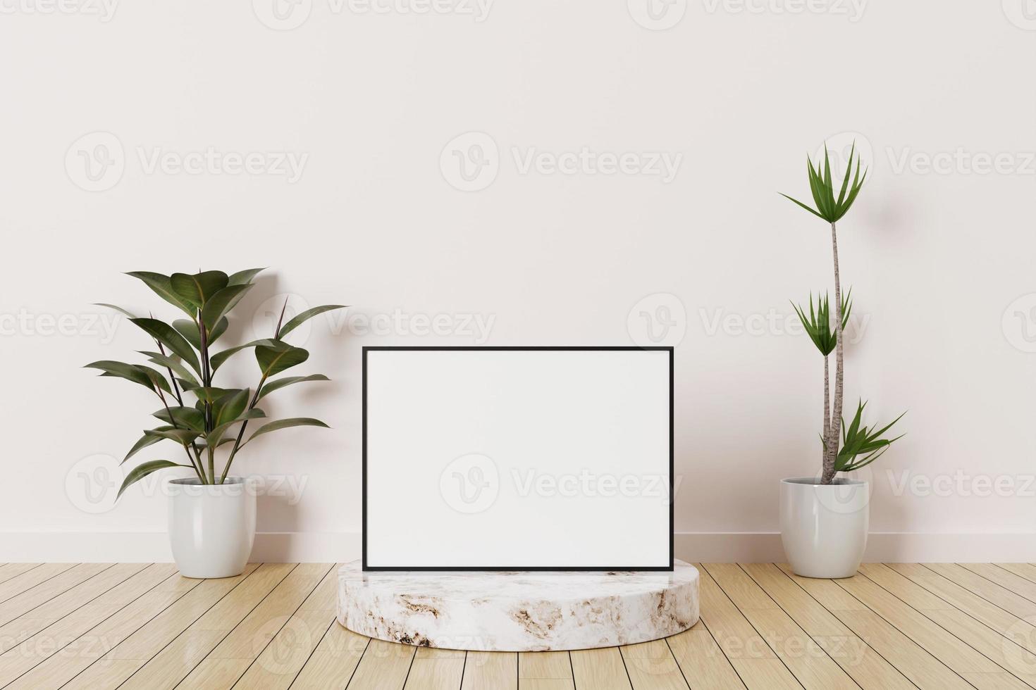 Black horizontal photo frame mockup on a podium marble in empty room with plants on a wooden floor