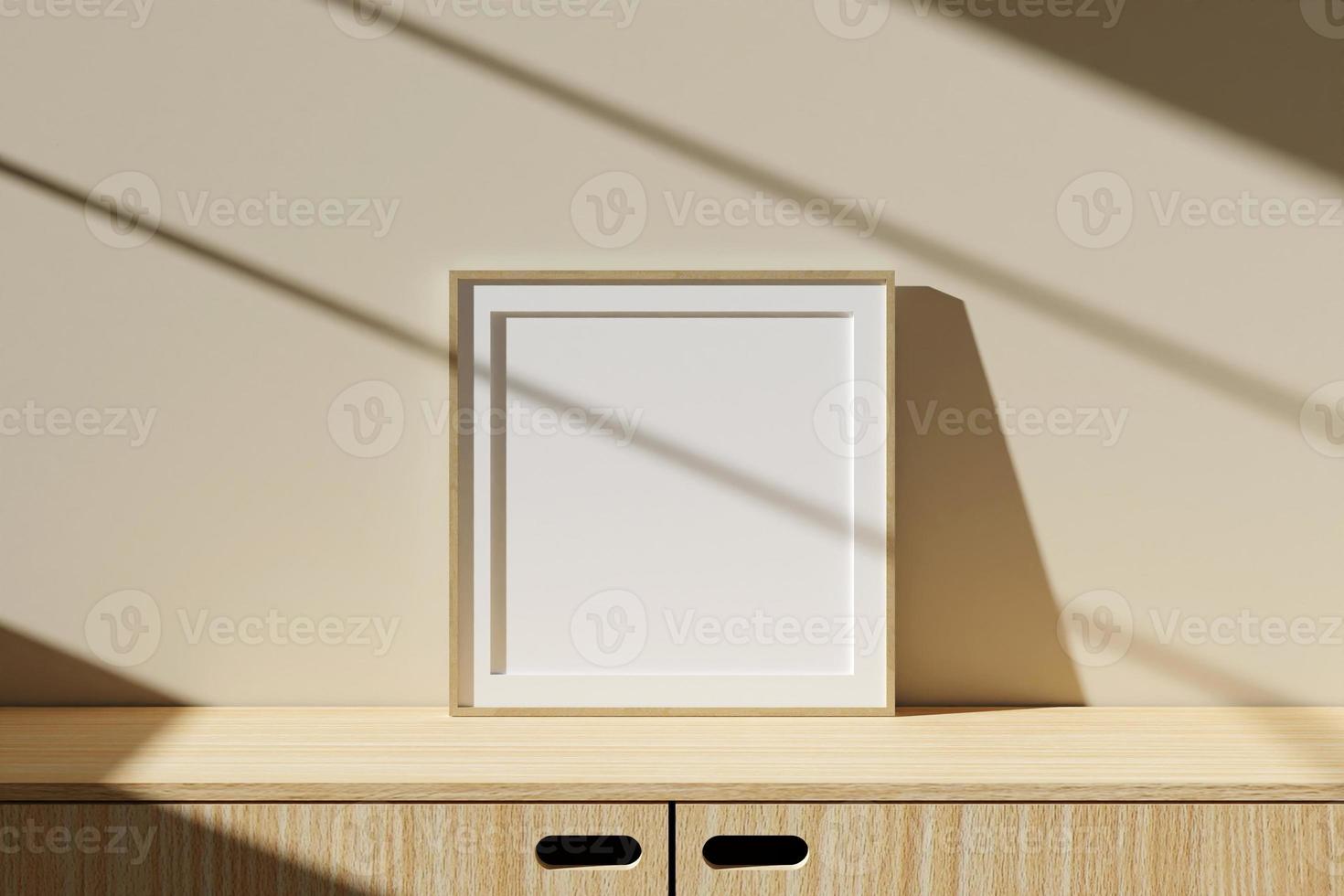 Square wooden poster or photo frame mockup on table in living room interior with window shadow. 3D rendering.