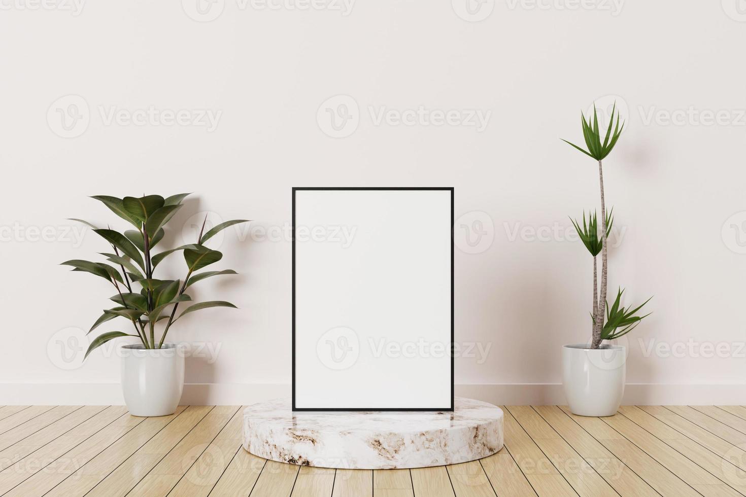 Black vertical photo frame mockup on a podium marble in empty room with plants on a wooden floor