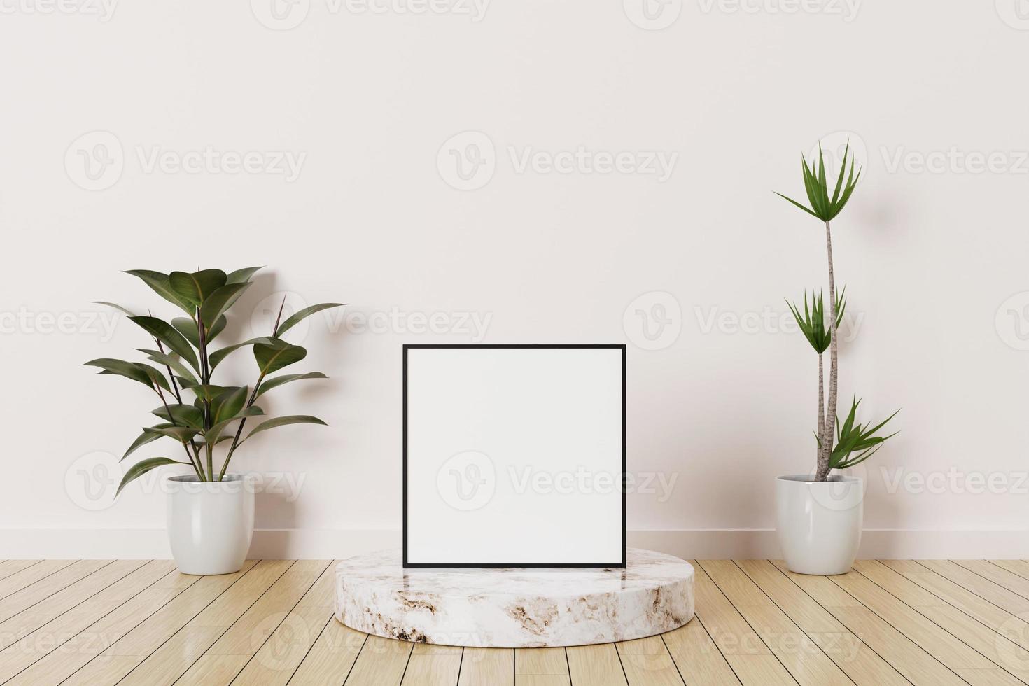 Black square photo frame mockup on a podium marble in empty room with plants on a wooden floor