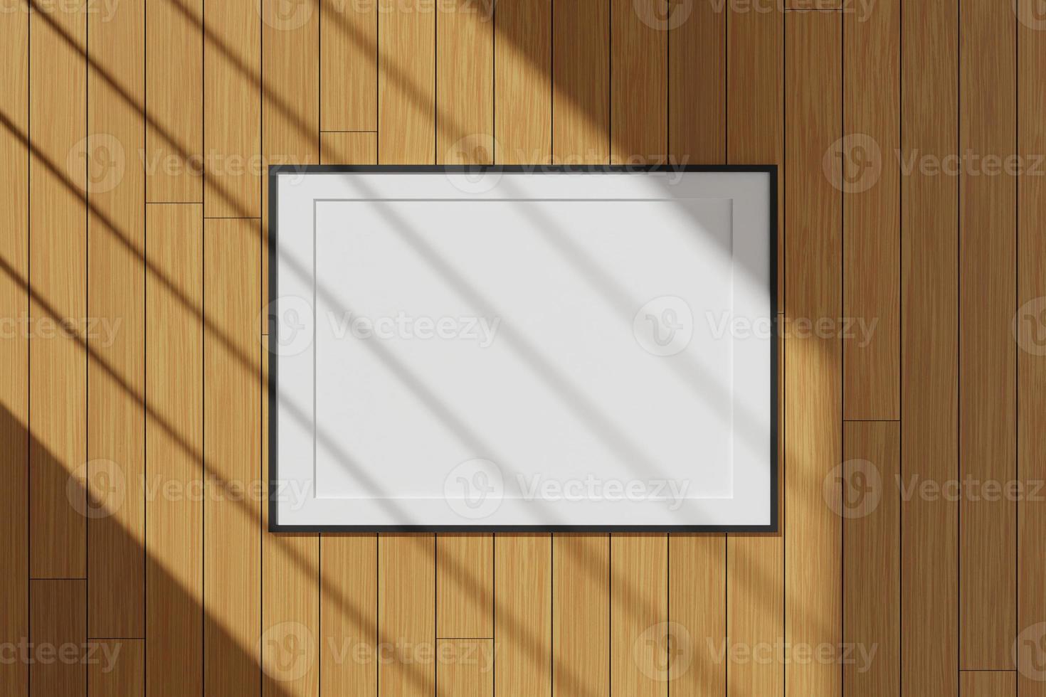 Horizontal black poster or photo frame mockup hanging on the wall with window shadow. 3D rendering.