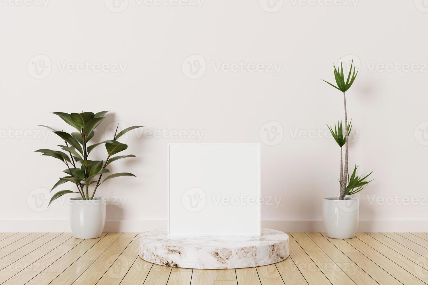 White square photo frame mockup on a podium marble in empty room with plants on a wooden floor