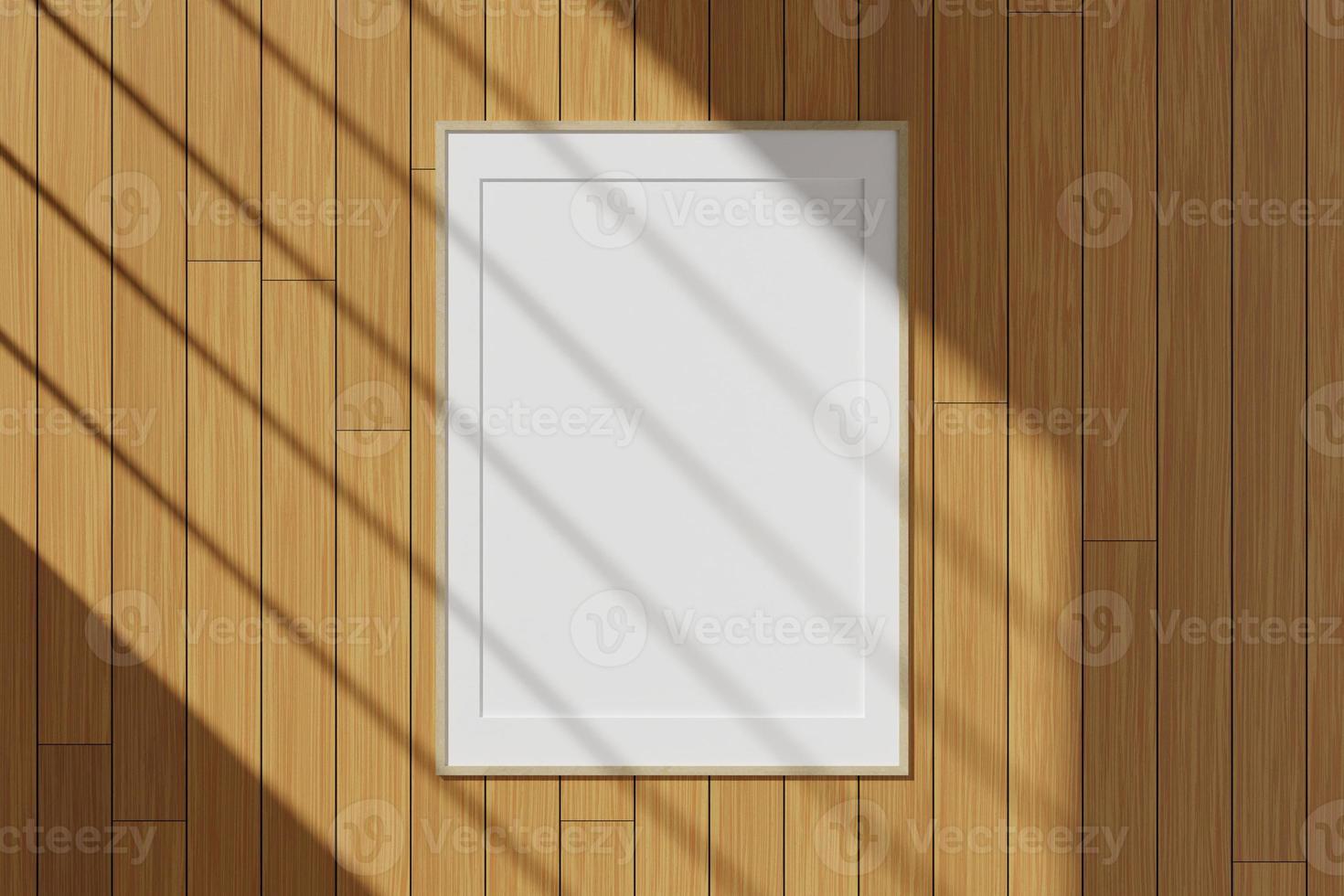 Vertical wooden poster or photo frame mockup hanging on the wall with window shadow. 3D rendering.