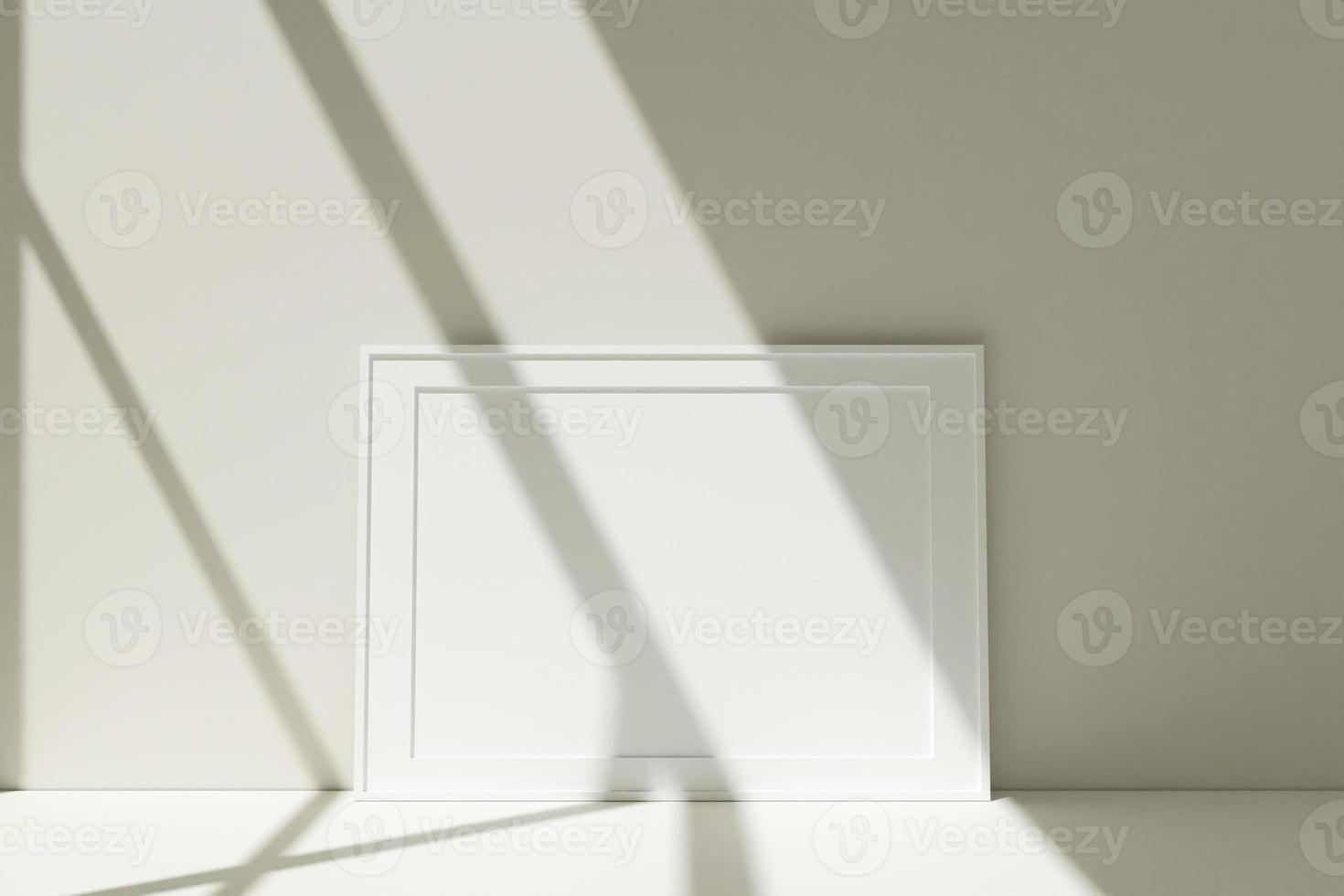 Horizontal white photo frames mockup on the floor leaning against the room wall with shadow