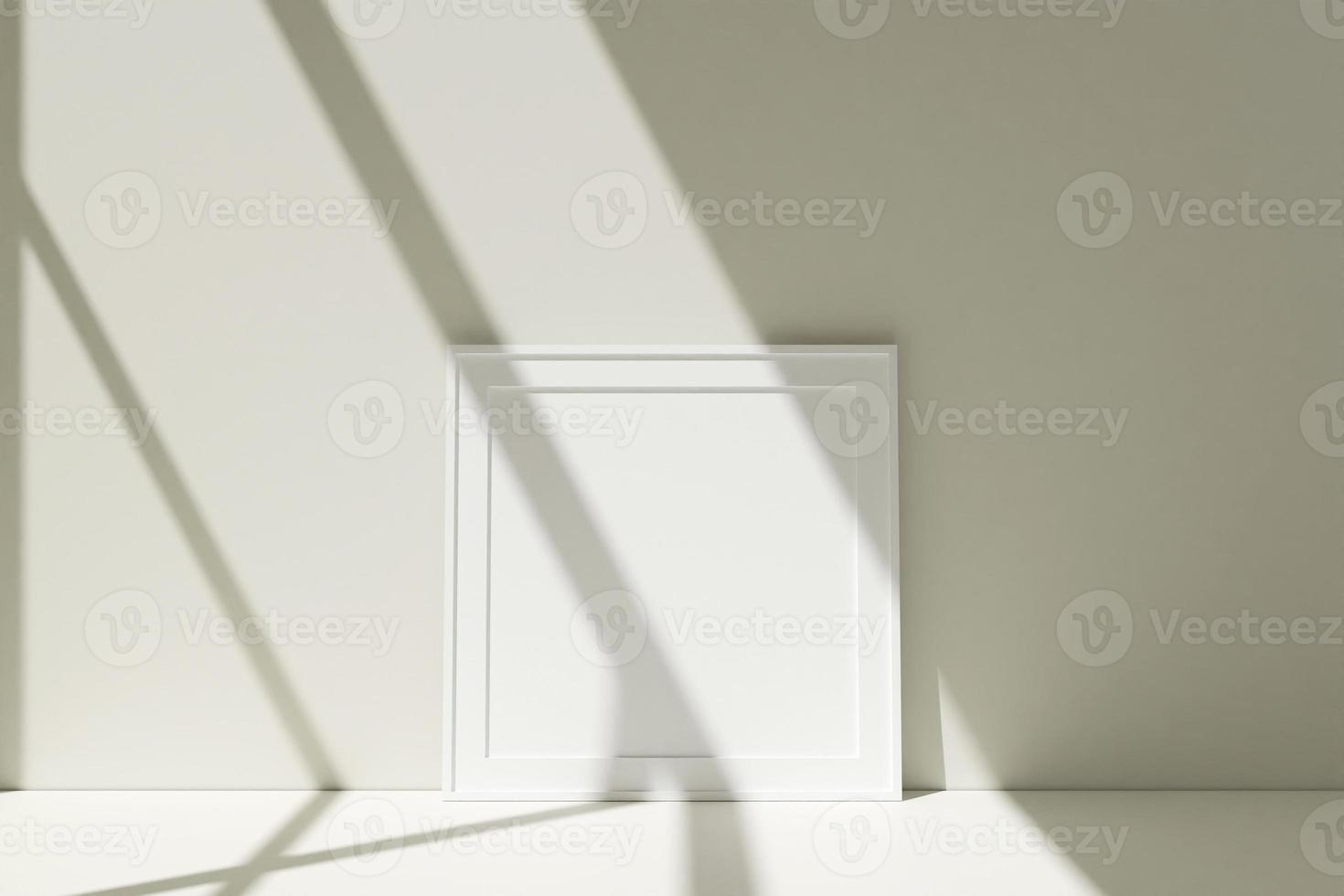 Square white photo frames mockup on the floor leaning against the room wall with shadow