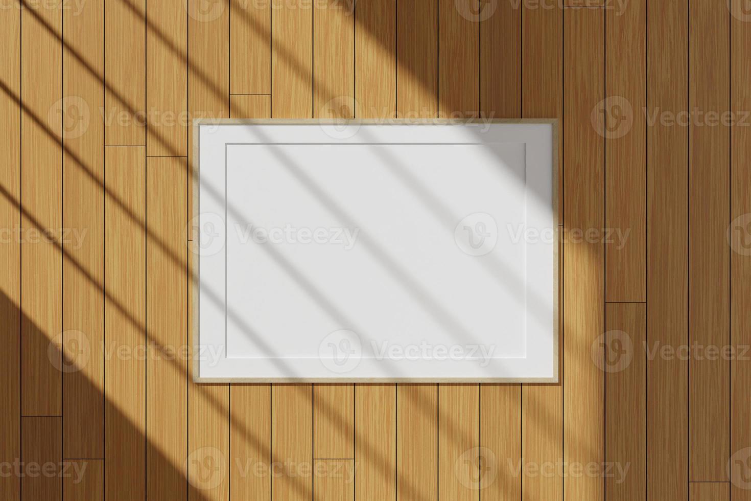 Horizontal wooden poster or photo frame mockup hanging on the wall with window shadow. 3D rendering.