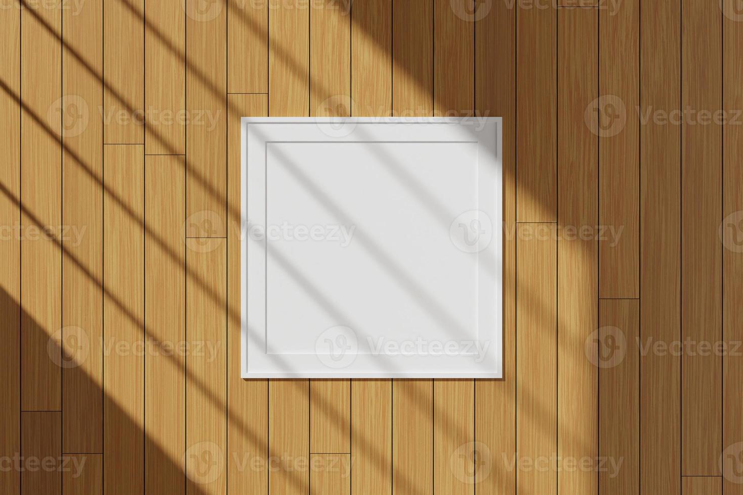 Póster cuadrado blanco o maqueta de marco de fotos colgado en la pared con sombra de ventana. Representación 3D.