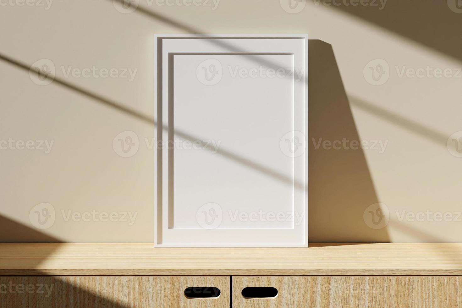 Vertical white poster or photo frame mockup on table in living room interior with window shadow. 3D rendering.