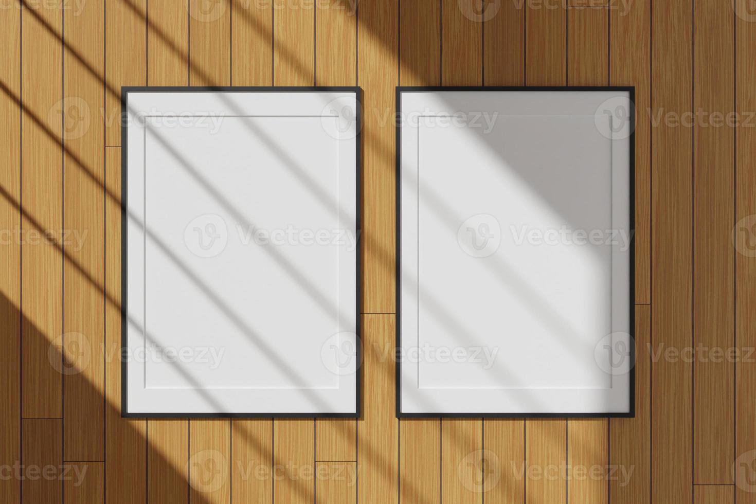 Set of vertical black poster or photo frame mockup hanging on the wall with window shadow. 3D rendering.