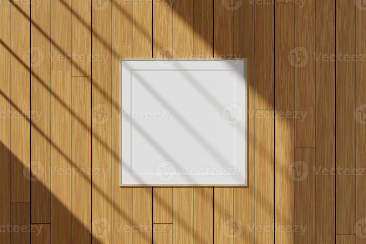 Square wooden poster or photo frame mockup hanging on the wall with window shadow. 3D rendering.
