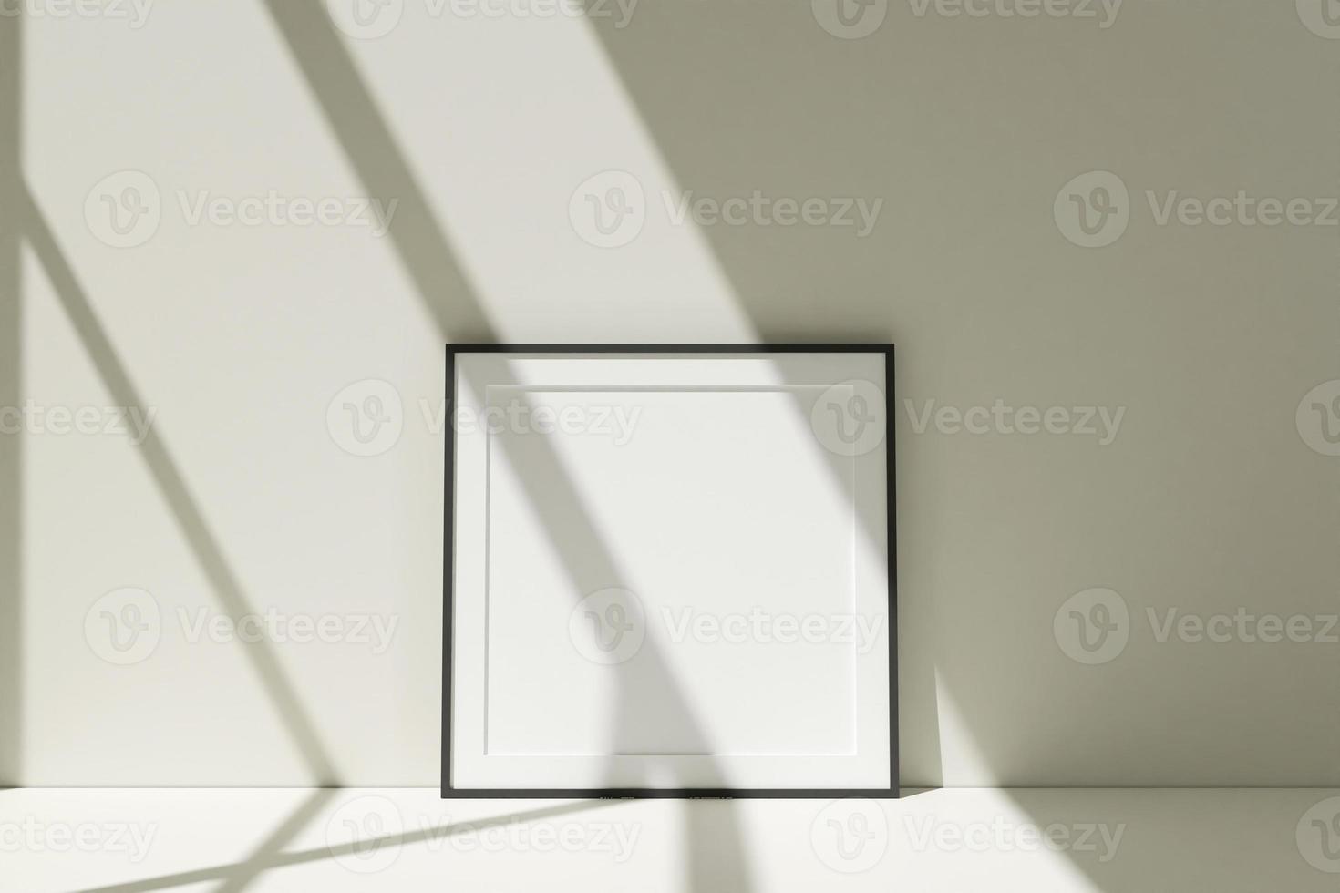 Square black photo frames mockup on the floor leaning against the room wall with shadow