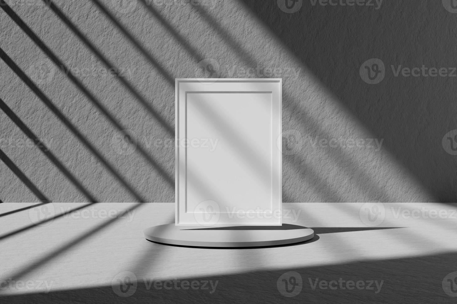 Vertical white poster or photo frame mockup on top of the podium with window shadow. 3D rendering.
