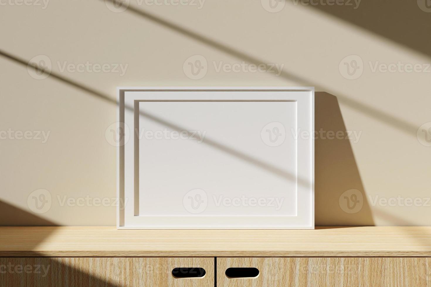 Horizontal white poster or photo frame mockup on table in living room interior with window shadow. 3D rendering.