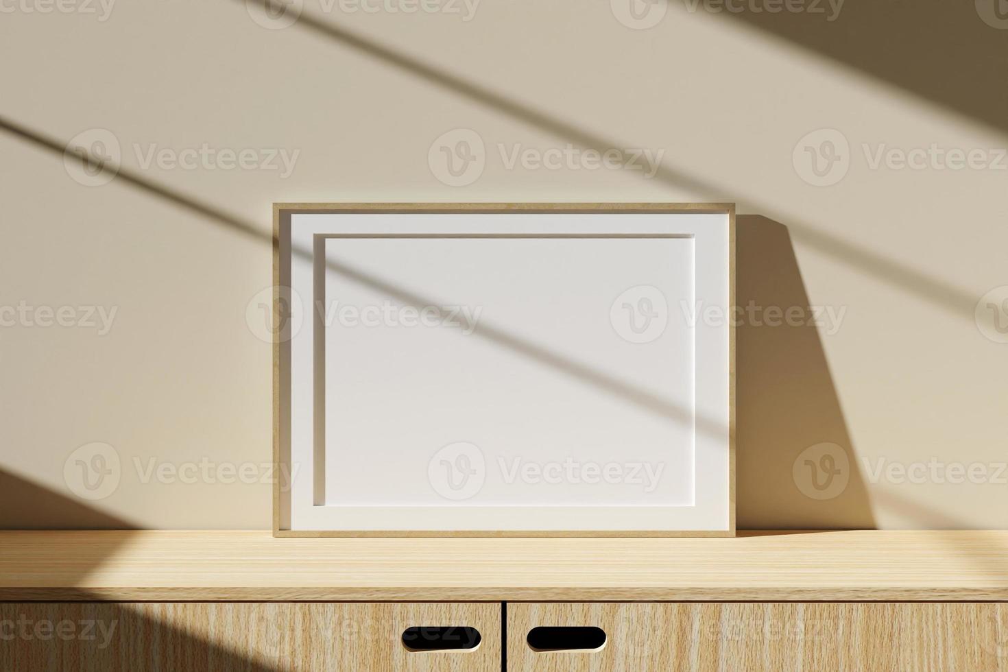 Horizontal wooden poster or photo frame mockup on table in living room interior with window shadow. 3D rendering.