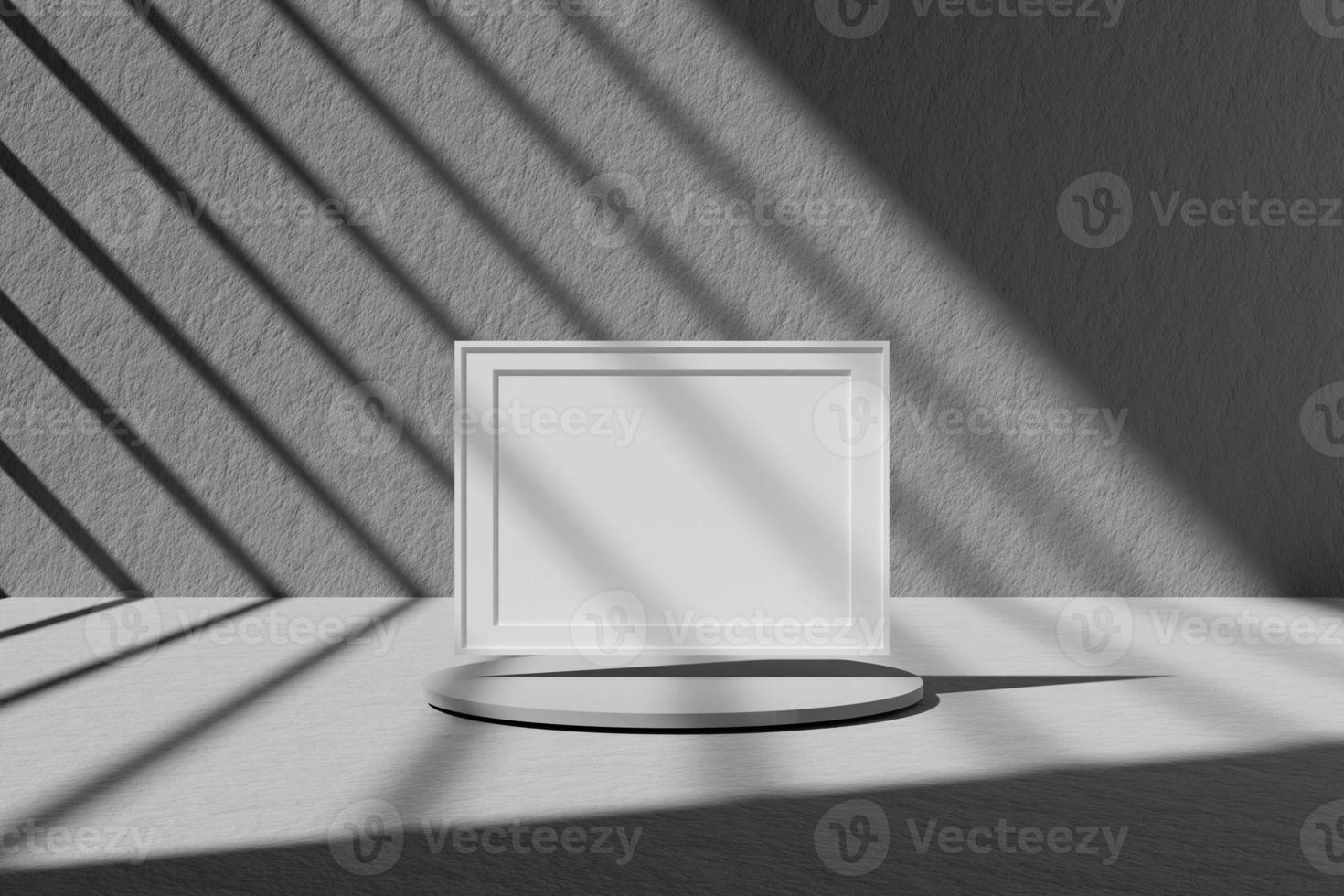 Horizontal white poster or photo frame mockup on top of the podium with window shadow. 3D rendering.