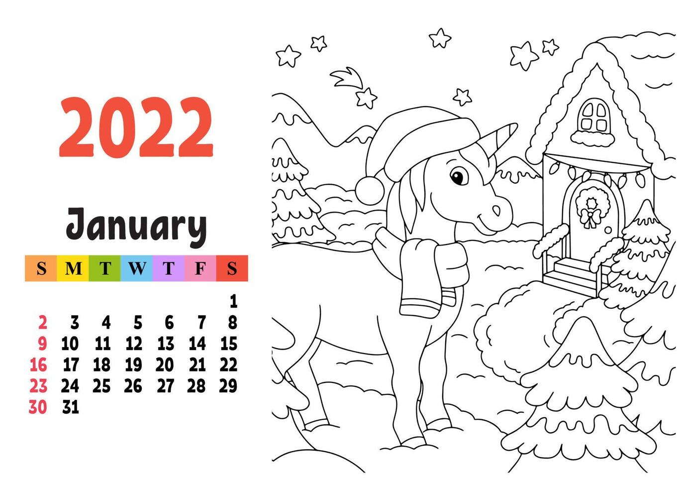 calendario para 2022 con un lindo personaje. unicornio de hadas. página para colorear. diseño divertido y brillante. Ilustración de vector de color aislado. estilo de dibujos animados.