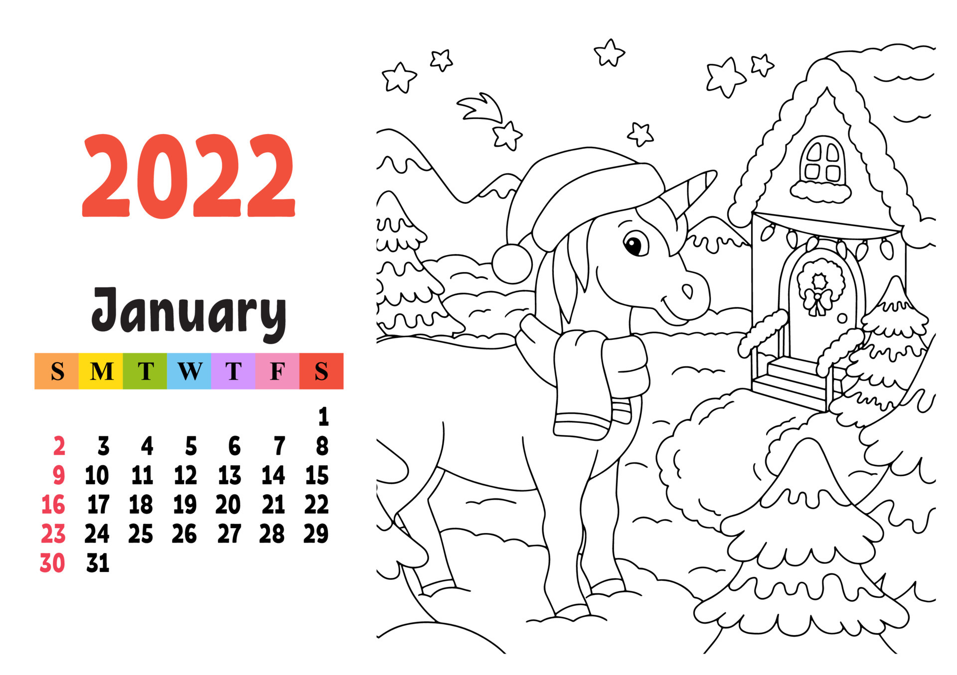 Calendar for 2022 with a cute character. Fairy unicorn ...