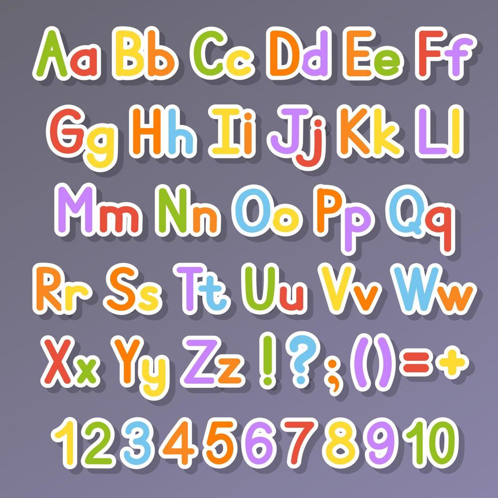 English alphabet. Vector set. Bright color style. Cartoon ABC. Funny hand drawn font. Numbers, lowercase and uppercase letters.