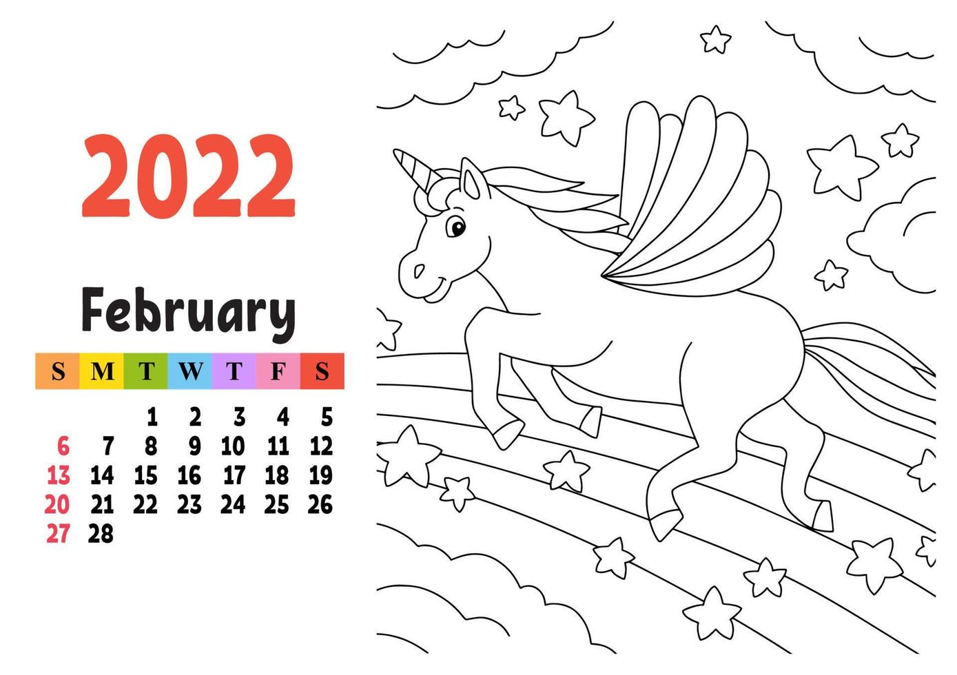 Calendar for 2022 with a cute character. Fairy unicorn. Coloring page. Fun and bright design. Isolated color vector illustration. cartoon style.
