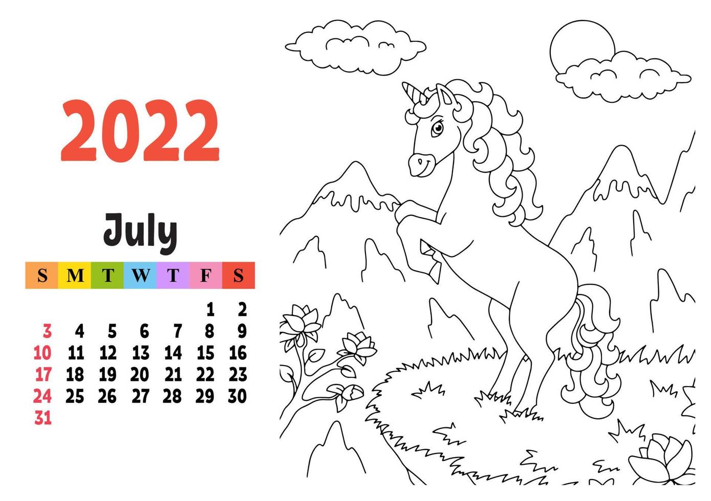 Calendar for 2022 with a cute character. Fairy unicorn. Coloring page. Fun and bright design. Isolated color vector illustration. cartoon style.