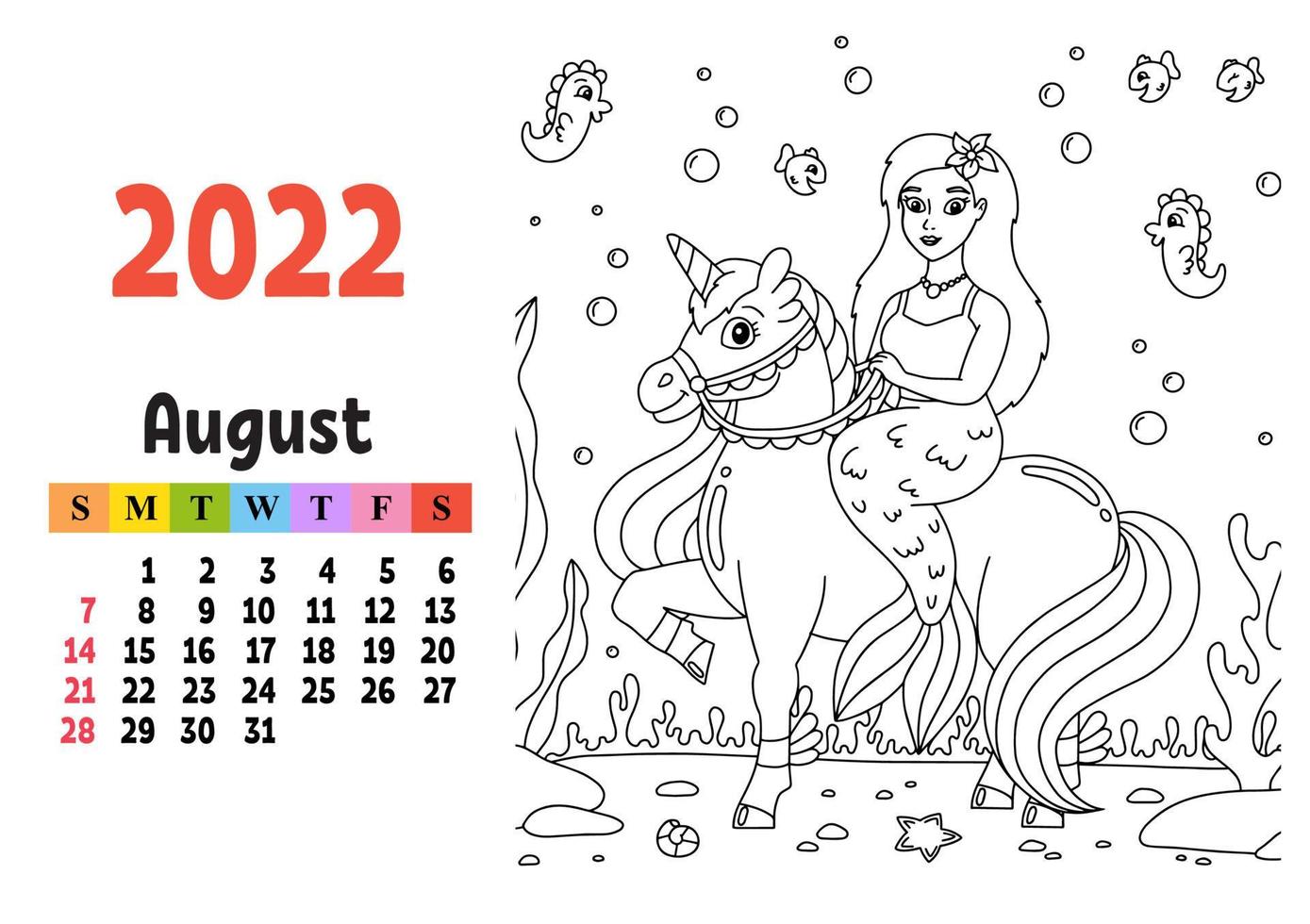 Calendar for 2022 with a cute character. Fairy unicorn. Coloring page. Fun and bright design. Isolated color vector illustration. cartoon style.