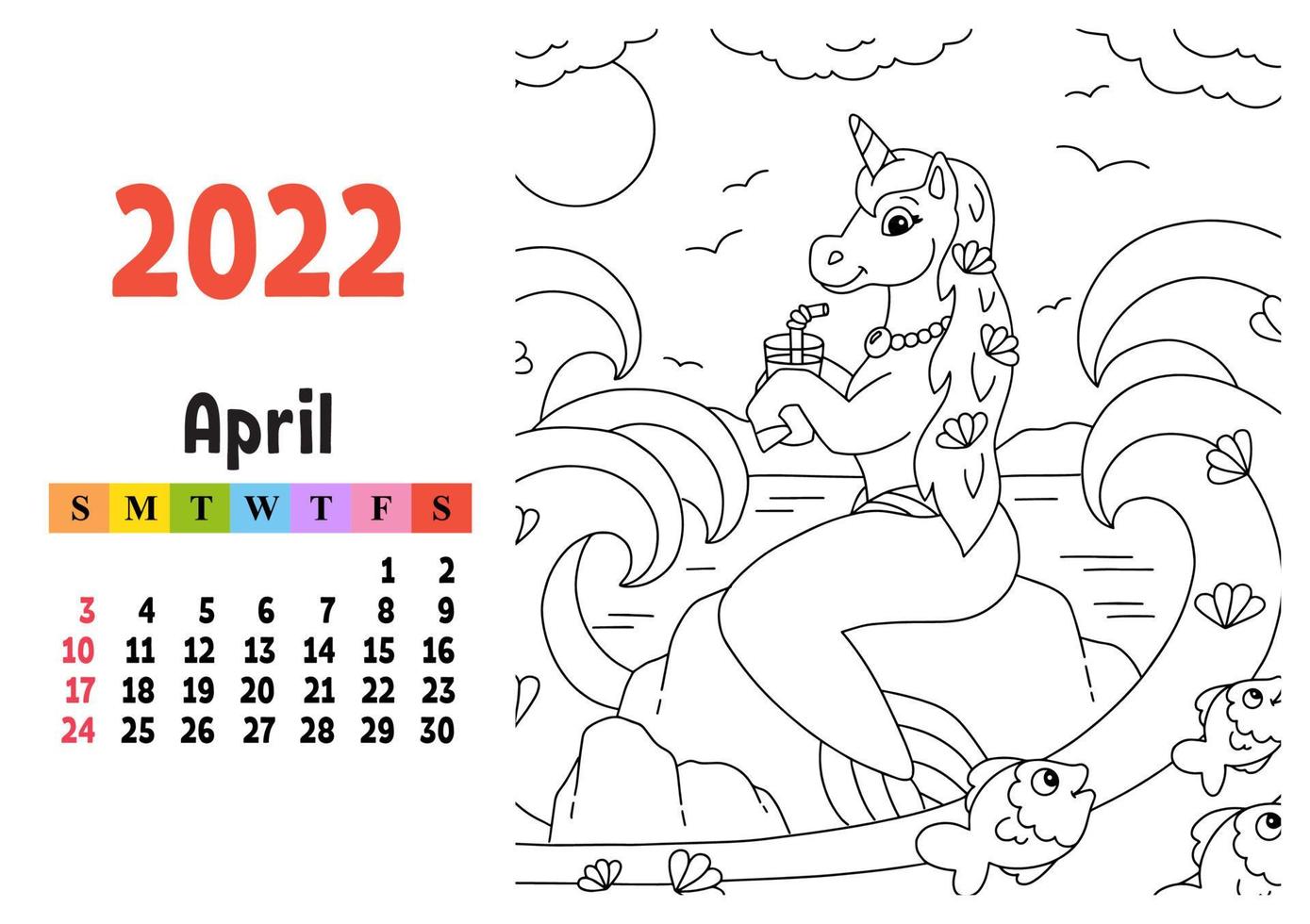 Calendar for 2022 with a cute character. Fairy unicorn. Coloring page. Fun and bright design. Isolated color vector illustration. cartoon style.
