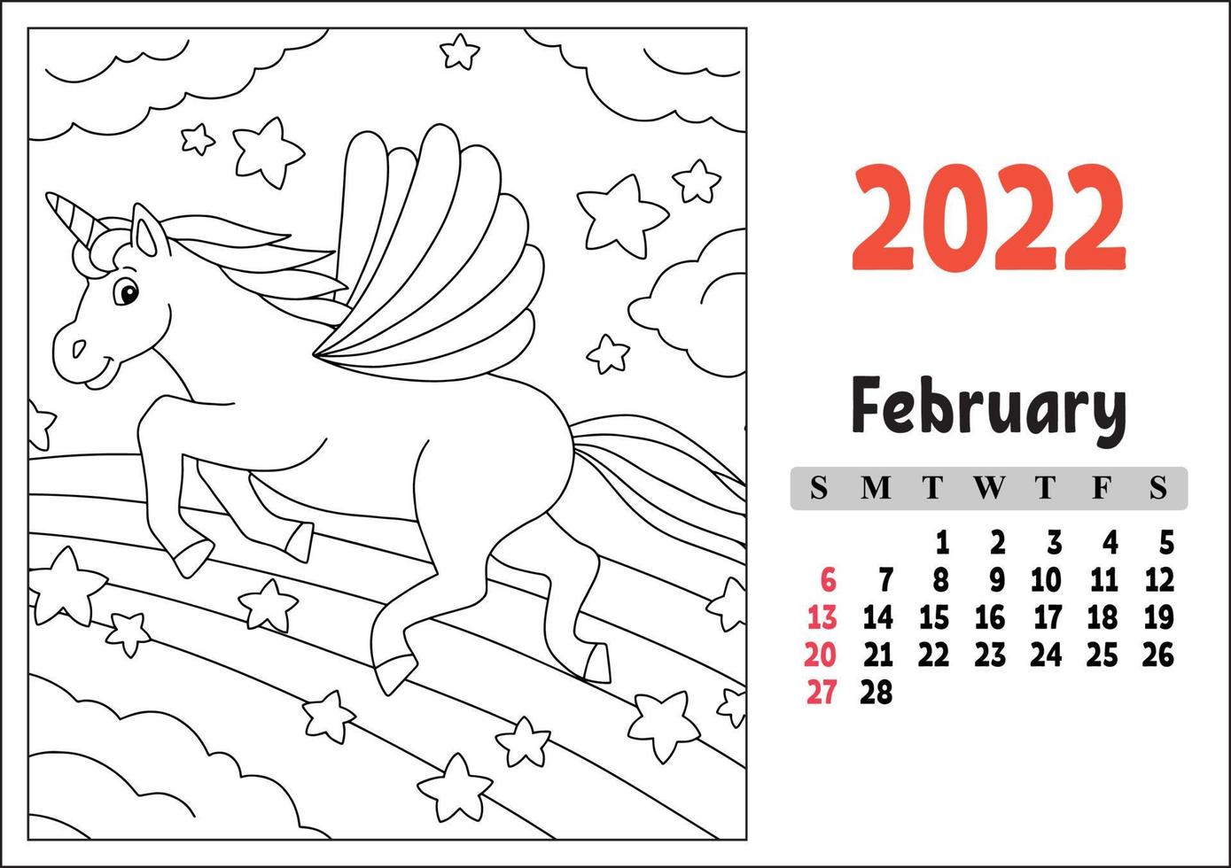 Calendar for 2022 with a cute character. Fairy unicorn. Coloring page. Fun and bright design. Isolated color vector illustration. cartoon style.