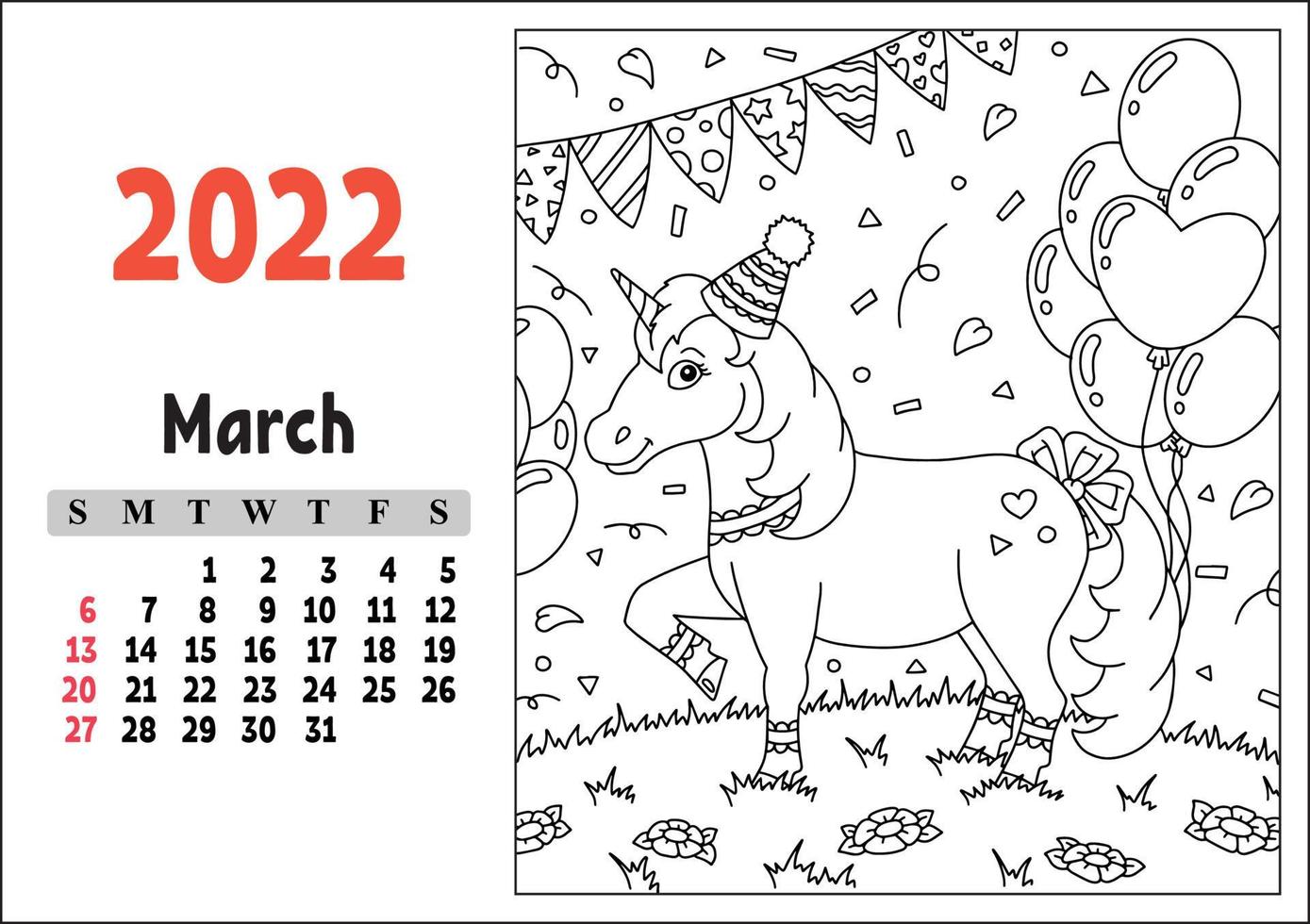 Calendar for 2022 with a cute character. Fairy unicorn. Coloring page. Fun and bright design. Isolated color vector illustration. cartoon style.