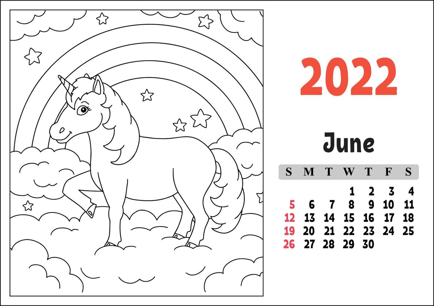 Calendar for 2022 with a cute character. Fairy unicorn. Coloring page. Fun and bright design. Isolated color vector illustration. cartoon style.