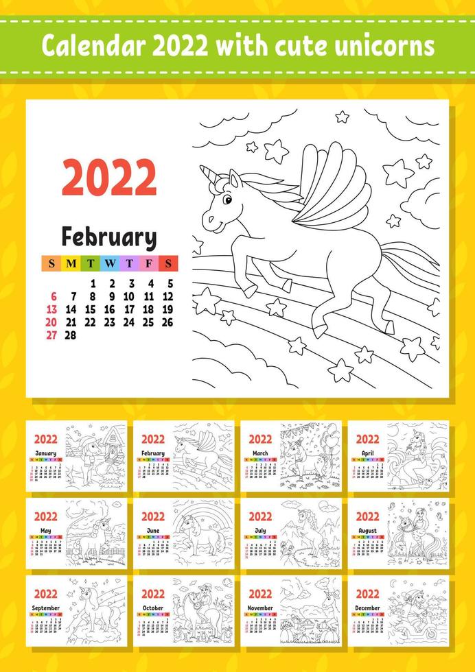 Calendar for 2022 with a cute character. Fairy unicorn. Coloring page. Fun and bright design. Isolated color vector illustration. cartoon style.