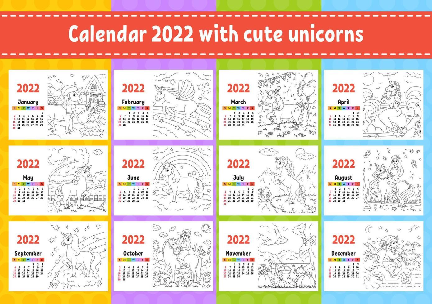 Calendar for 2022 with a cute character. Fairy unicorn. Coloring page. Fun and bright design. Isolated color vector illustration. cartoon style.