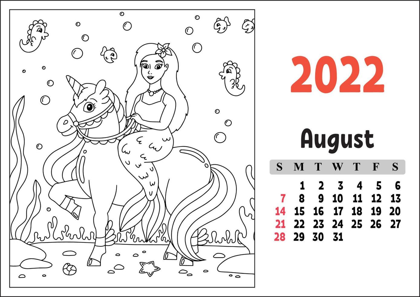 Calendar for 2022 with a cute character. Fairy unicorn. Coloring page. Fun and bright design. Isolated color vector illustration. cartoon style.