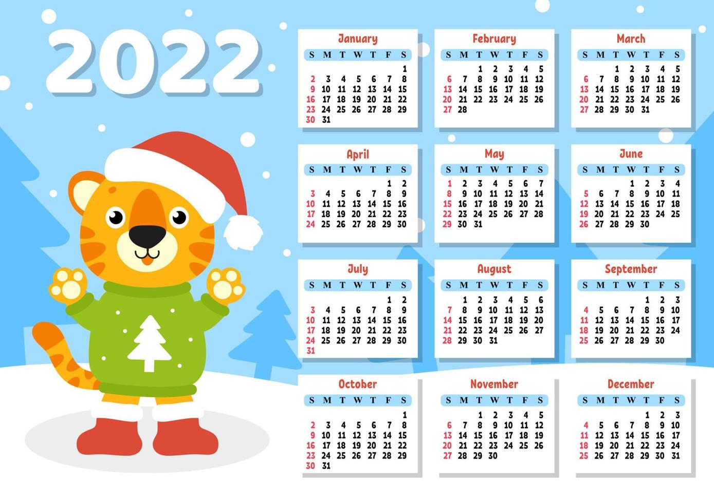 Calendar for 2022 with a cute tiger symbol of the new year. Fun and bright design. Isolated color vector illustration. cartoon style.