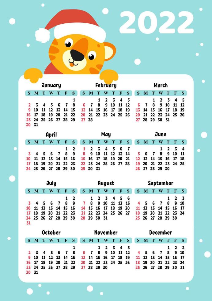 Calendar for 2022 with a cute tiger symbol of the new year. Fun and bright design. Isolated color vector illustration. cartoon style.