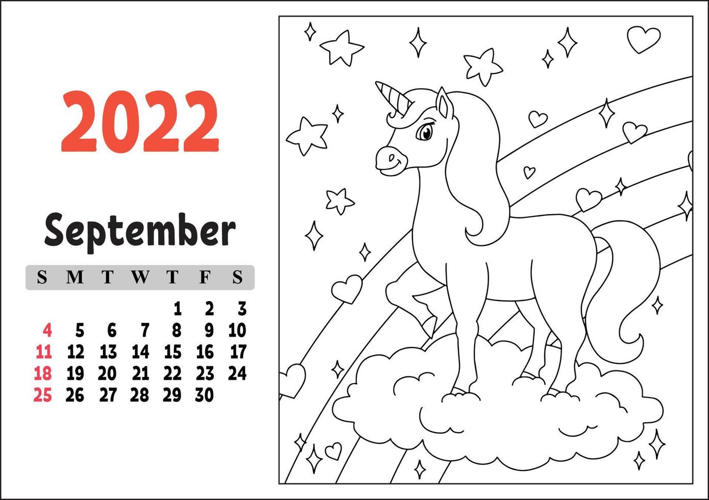 Calendar for 2022 with a cute character. Fairy unicorn. Coloring page. Fun and bright design. Isolated color vector illustration. cartoon style.