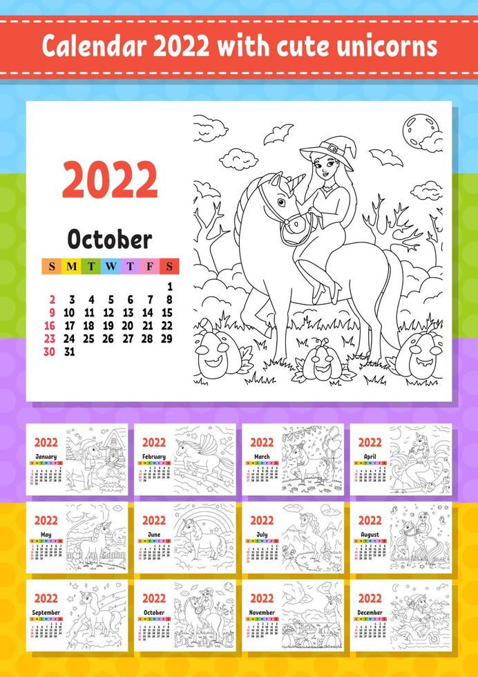 calendario para 2022 con un lindo personaje. unicornio de hadas. página para colorear. diseño divertido y brillante. Ilustración de vector de color aislado. estilo de dibujos animados.