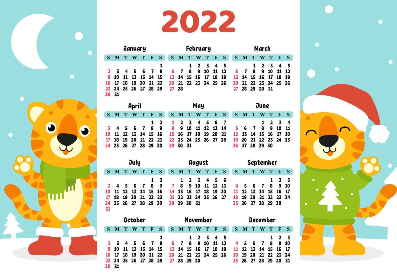 Calendar for 2022 with a cute tiger symbol of the new year. Fun and bright design. Isolated color vector illustration. cartoon style.