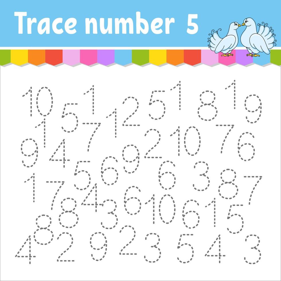 Trace number . Handwriting practice. Learning numbers for kids. Education developing worksheet. Activity page. Game for toddlers and preschoolers. Isolated vector illustration in cute cartoon style.